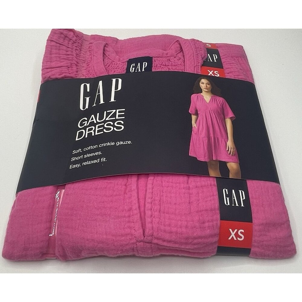 Gap Women's Gauze Tiered Dress Size XS Pink Short Sleeve BOHO V Neck Ladies‎
